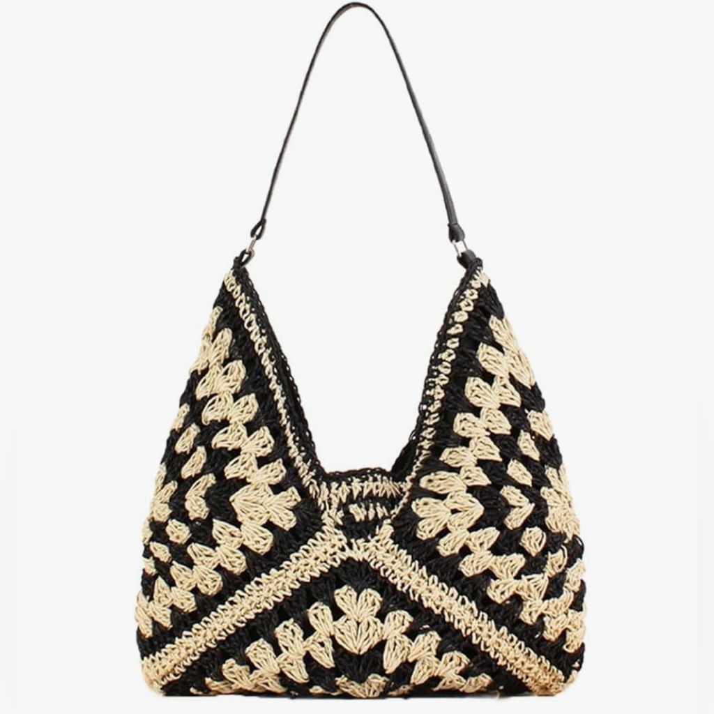 New Boho Viella Straw Black Tan Shoulder Bag Purse